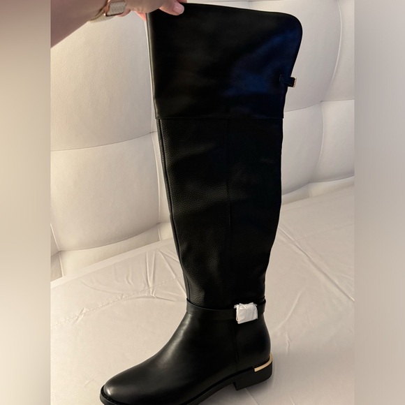 Brand new black leather knee high boots.  Still in box. - Picture 1 of 4